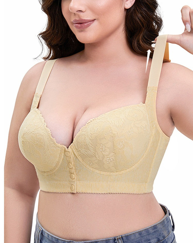 Adjustable strap front button lace bra